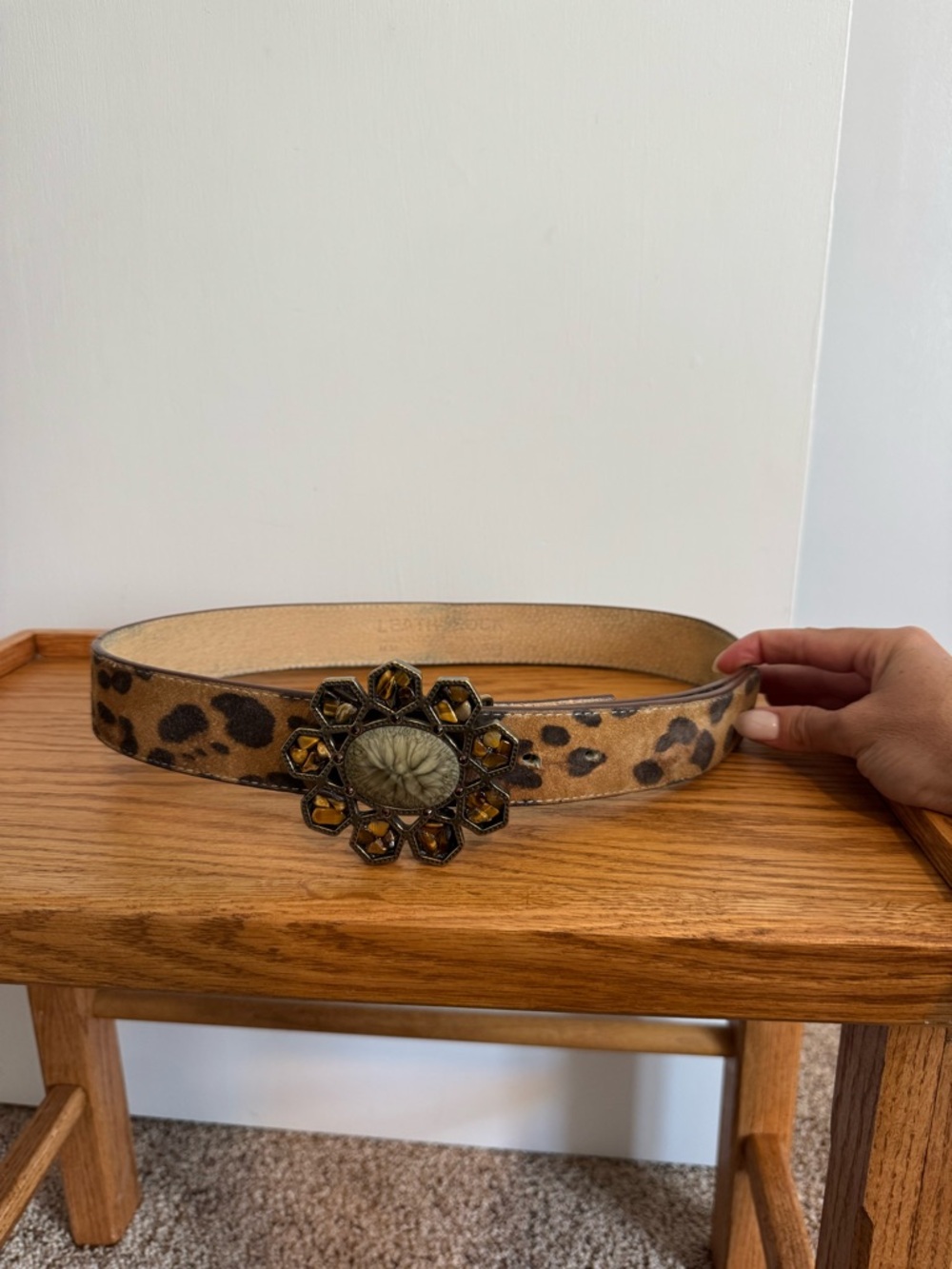 Leatherock Leopard Print Belt with Floral Gem Buckle